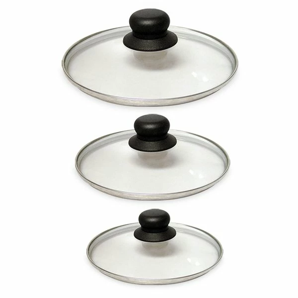 Lot 3 Couvercles En Verre Cerclés Inox 16, 18 Et 20 Cm 3 Lot 3 Couvercles En Verre Cerclés Inox 16, 18 Et 20 Cm