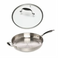 Lot Poêle Tout Inox Et Couvercle Verre 32 Cm Excell'Inox