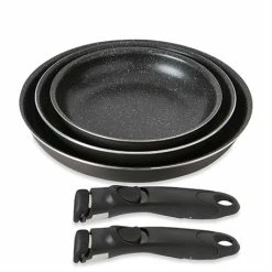 Lot 3 Poêles Anti-adhésives Effet Pierre Et 2 Manches Amovibles