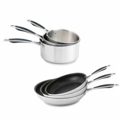 Devant 10 Batterie De Cuisine Excell'inox 3 Poêles Inox Revêtu Et 3 Casseroles Inox