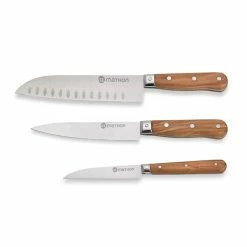 Set Couteau D'office + Couteau De Chef + Santoku En Bois D'olivier Et Lame Inox